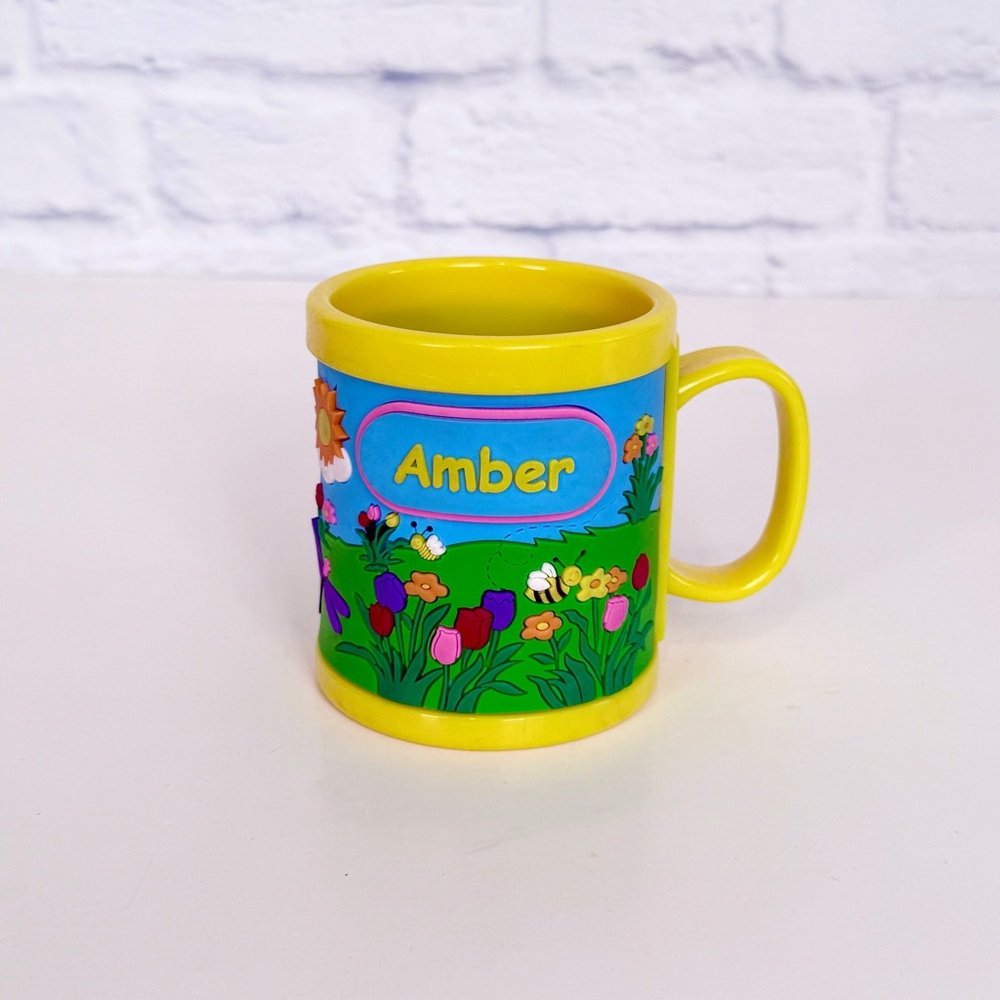 New AMBER Childs Kids My Name Flowers Personalized Mug Cup Plastic 3D John Hinde